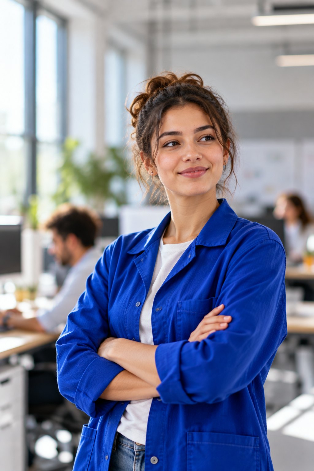 Une apprentie souriante, bras croisés, sur son lieu de travail