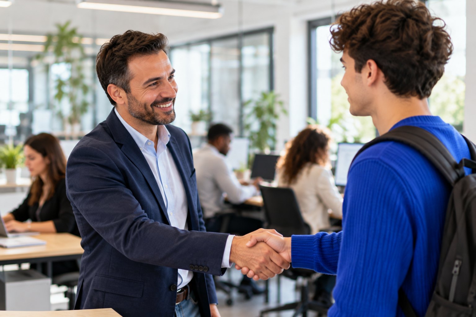 Un responsable d’entreprise accueille un apprenti d’une poignée de main
