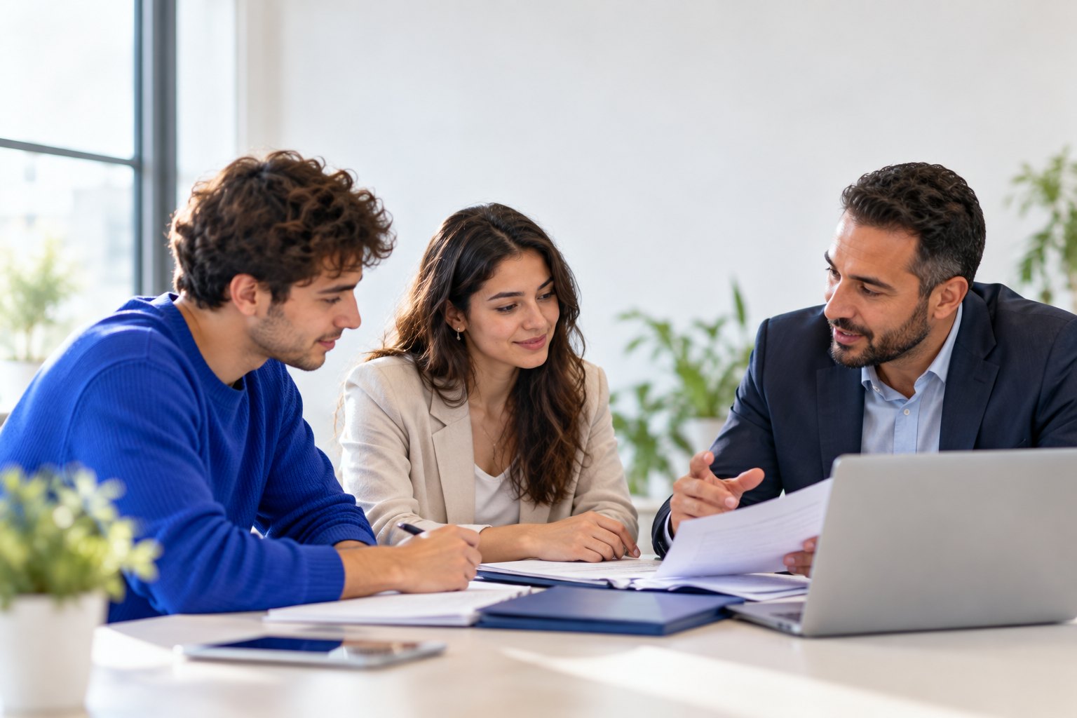 Un apprenti, une conseillère et un responsable d’entreprise échangent autour d’une table