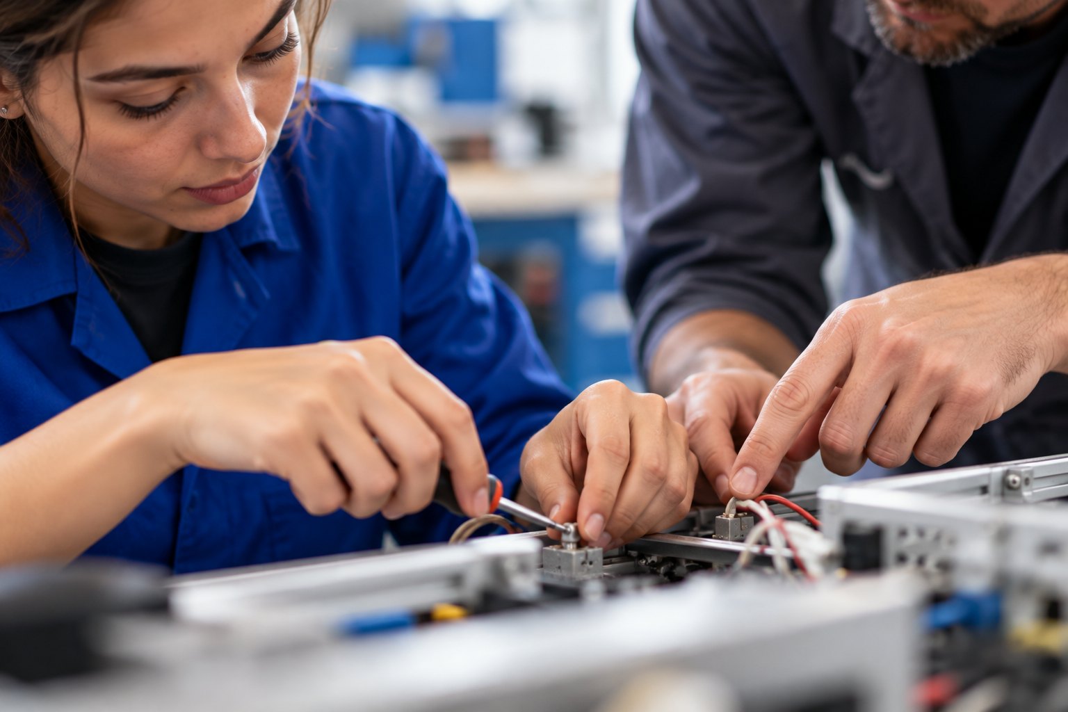 Une apprentie réalise un geste technique, guidée par les mains de son formateur